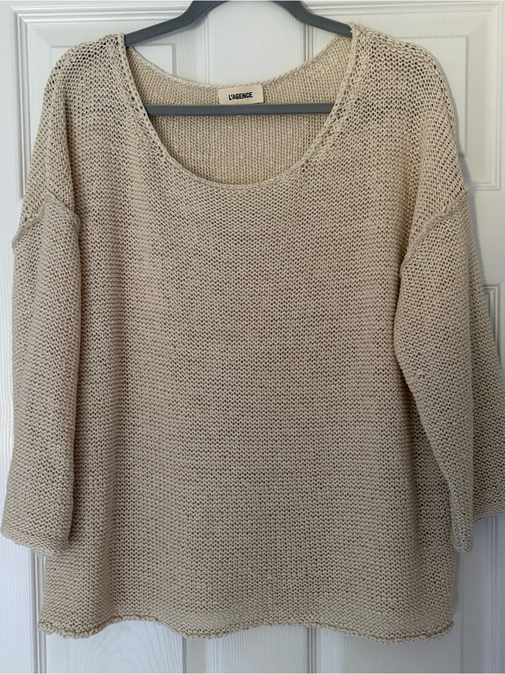 L'AGENCE Laura Cream Open-Knit Scoop Neck Drop Shoulder Sweater Size Small